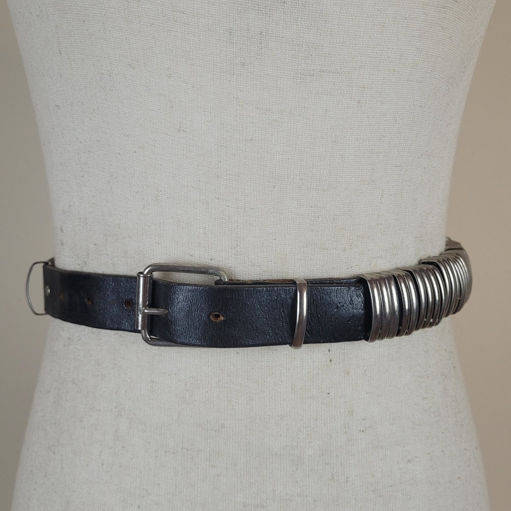Black Leather Belt Sml Metal Rings Punk Goth Biker Grunge Industrial Cyber Y2K